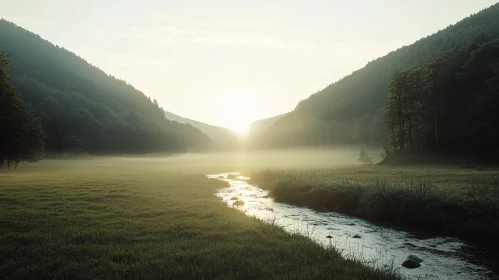 Misty Valley Sunrise Over a Gentle Creek