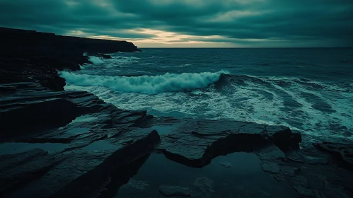 Peaceful Ocean Waves Hitting Rocky Cliffs at Sunset