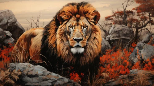 Majestic Lion Amidst Field of Trees - Painted Illustration