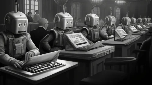 Victorian-Style Black and White Robot Office Scene