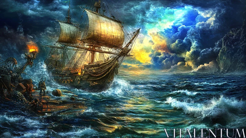 Sailing Ship Braving Ocean Storm AI Image