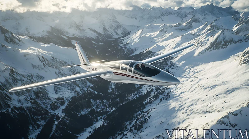 Aircraft Soaring Through Snowy Peaks AI Image