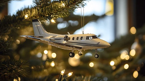 Festive Airplane Ornament on Tree with Lights