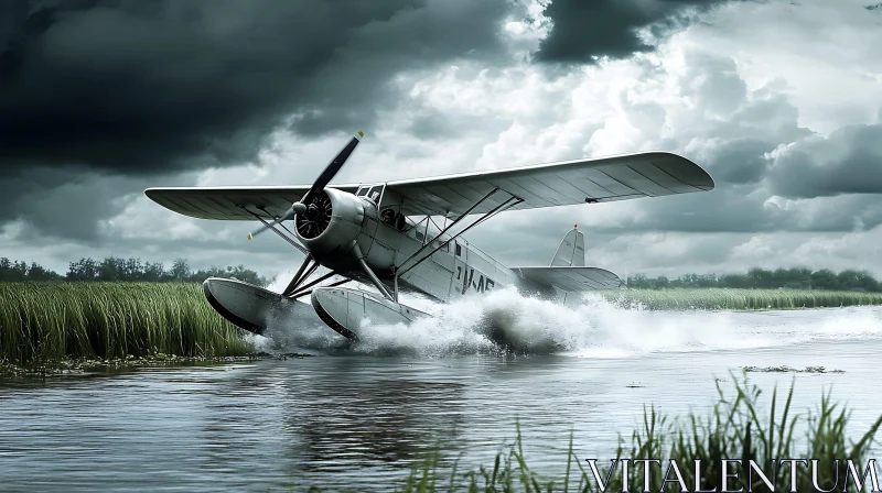 Seaplane Taking Off from River Amidst Dramatic Clouds AI Image