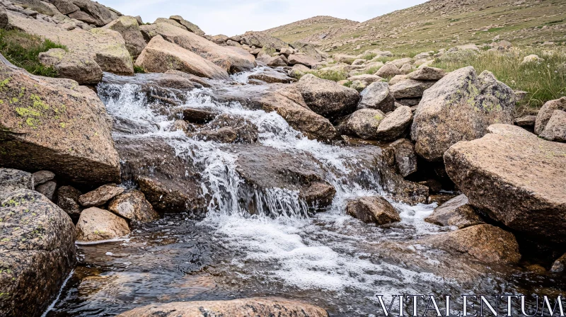 Picturesque Stream with Waterfall Over Rugged Rocks AI Image