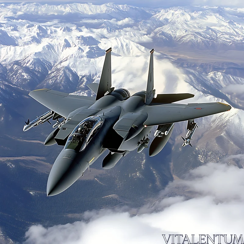 Jet Aircraft in Flight Over Mountains AI Image