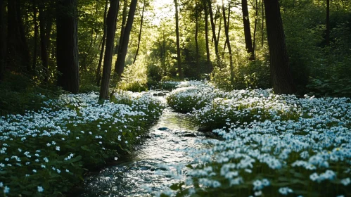 Peaceful Forest Stream with Sunlit Flowers