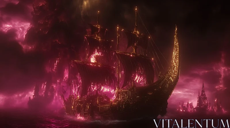 Fire Engulfed Gothic Ship in Mysterious Waters AI Image