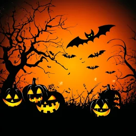 Eerie Night with Jack-O'-Lanterns and Flying Bats