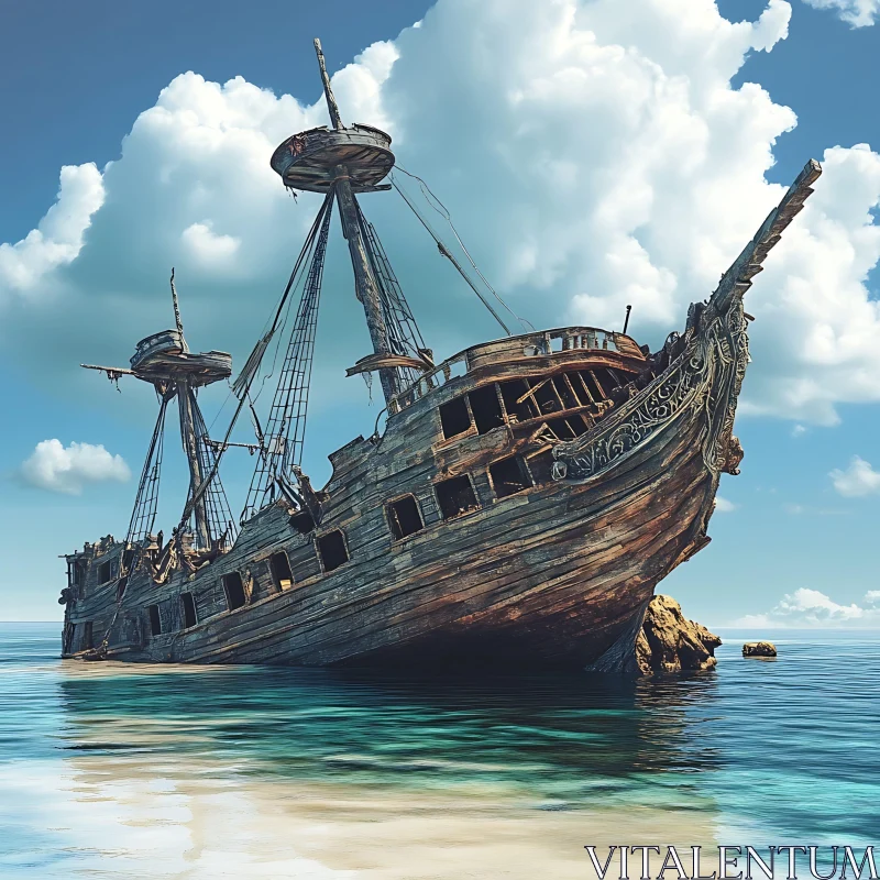 Old Shipwreck Sheltered by Blue Skies AI Image