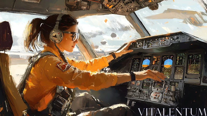 Focused Female Pilot in Cockpit AI Image