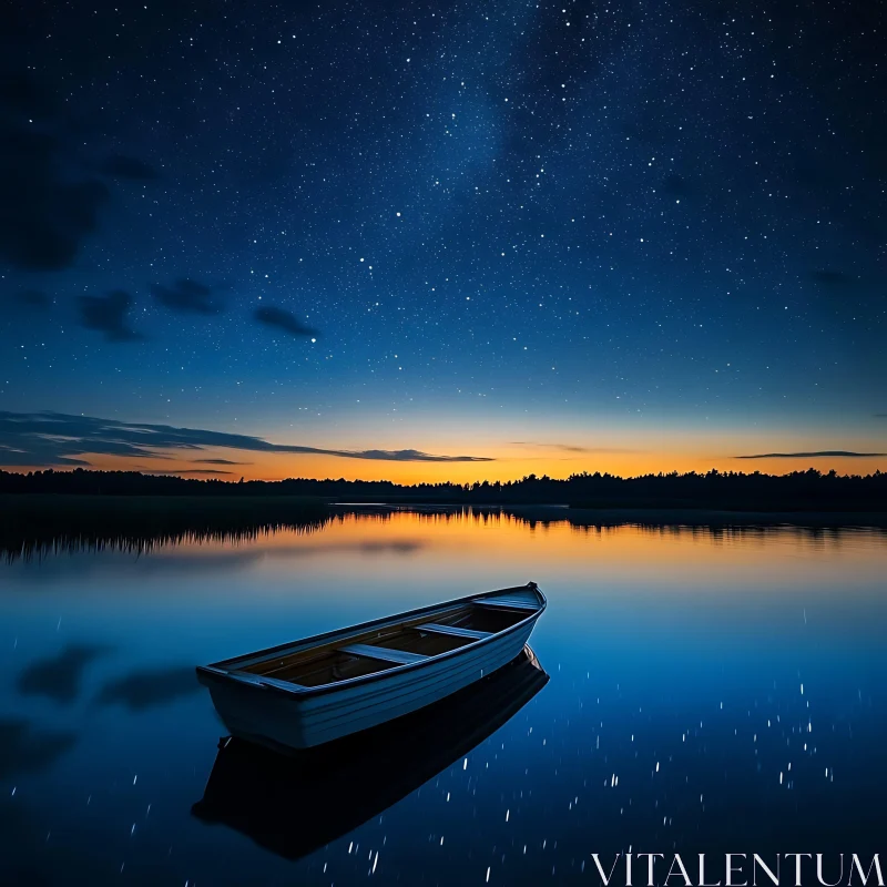 Tranquil Lake Scene at Night with Boat and Starry Sky AI Image