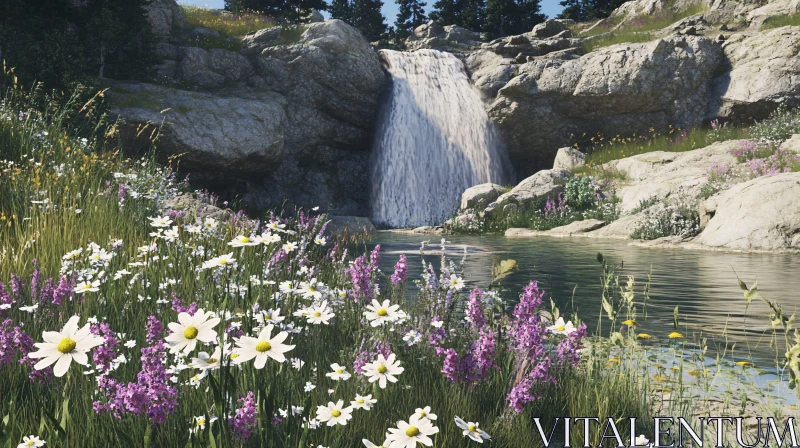 AI ART Tranquil Stream with Floral Meadow and Rocky Waterfall