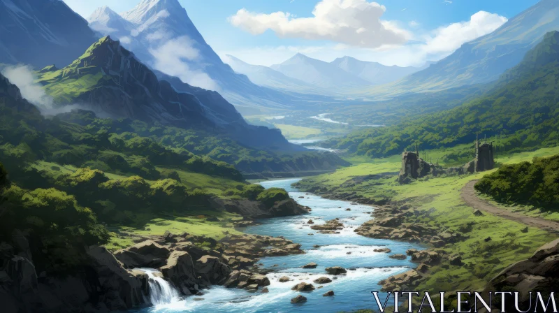 Adventure Themed Scottish Landscapes: River Runs Through Mountains AI Image