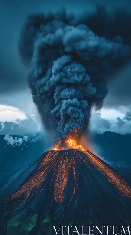 Dramatic Volcanic Eruption with Lava and Smoke AI Image