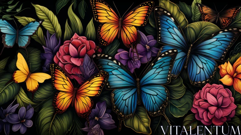 Colorful Butterflies and Flowers Illustration AI Image