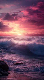 Pink and Purple Sunset with Crashing Waves