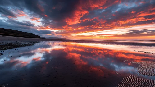 Fiery Beach Sunset with Mirrored Sky