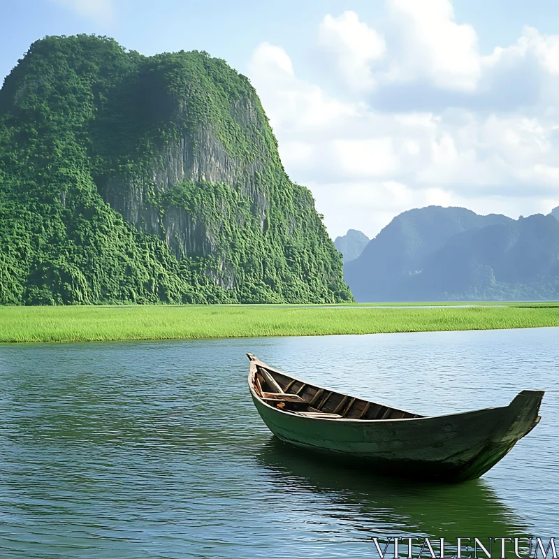 AI ART Tranquil Lake Scene with Wooden Boat and Green Mountains