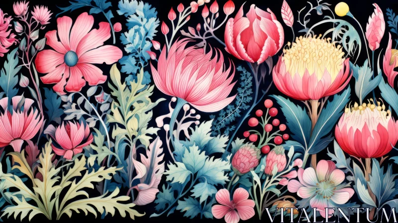 Floral Design with Vibrant Watercolor Landscapes on Dark Background AI Image