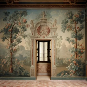 Pastel Rococo Style Room with Mural and Doorway