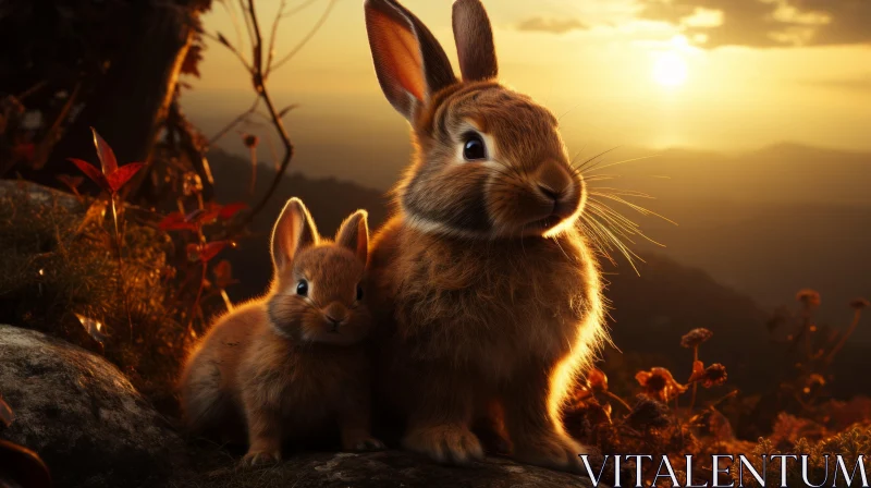 Sunset Bunnies on a Hill: A Study in Warm Tones and Detail AI Image