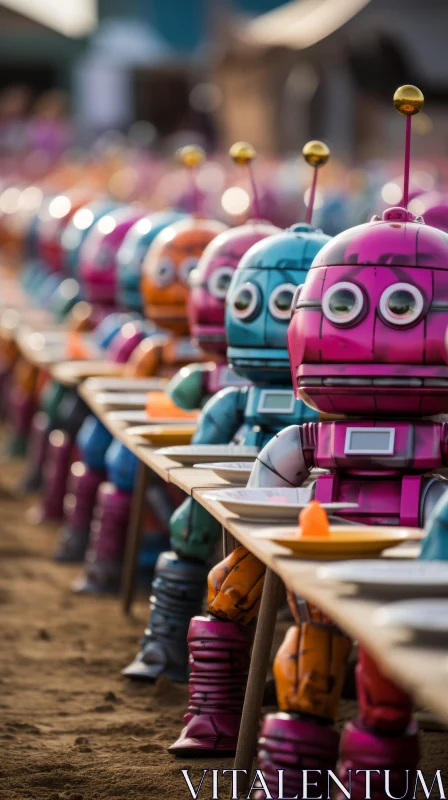 Whimsical Assembly of Colorful Robots at Dinner on the Beach AI Image
