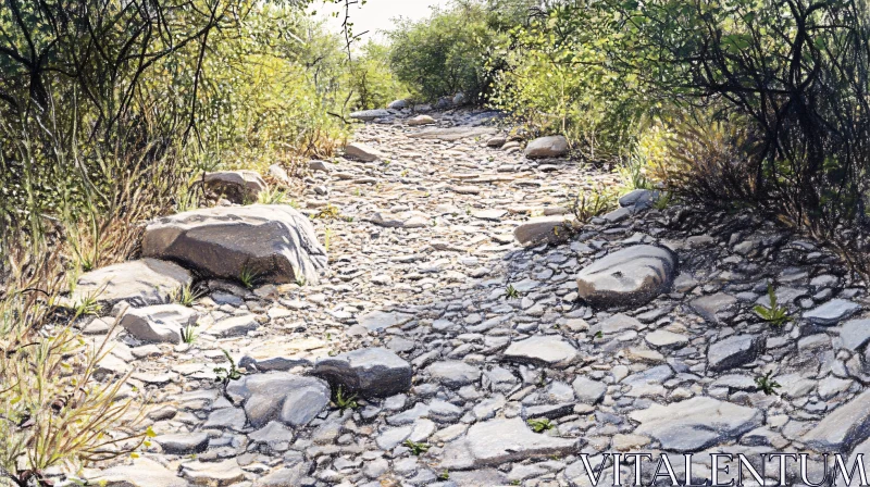 Lush Green Forest Path with Sunlit Rocks AI Image