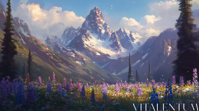 AI ART Wildflowers in Bloom at the Foot of a Snow-Capped Mountain