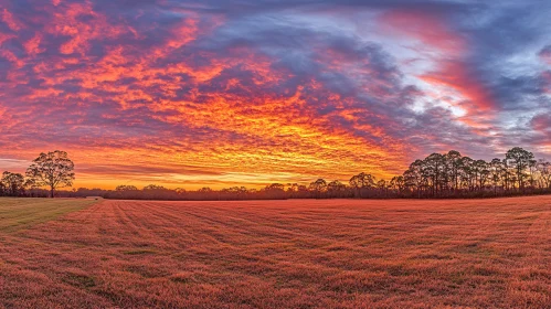 Radiant Sunset with Trees and a Lush Field