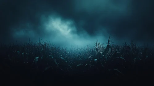 Nighttime Cornfield with Eerie Fog