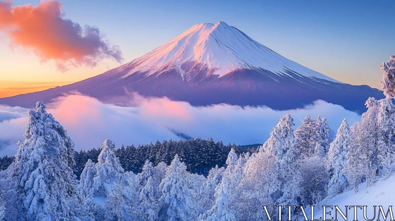 AI ART Snow-Capped Mountain Under Sunset Sky