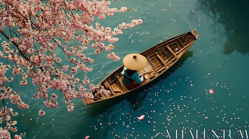 Tranquil Waters and Cherry Blossom Petals AI Image