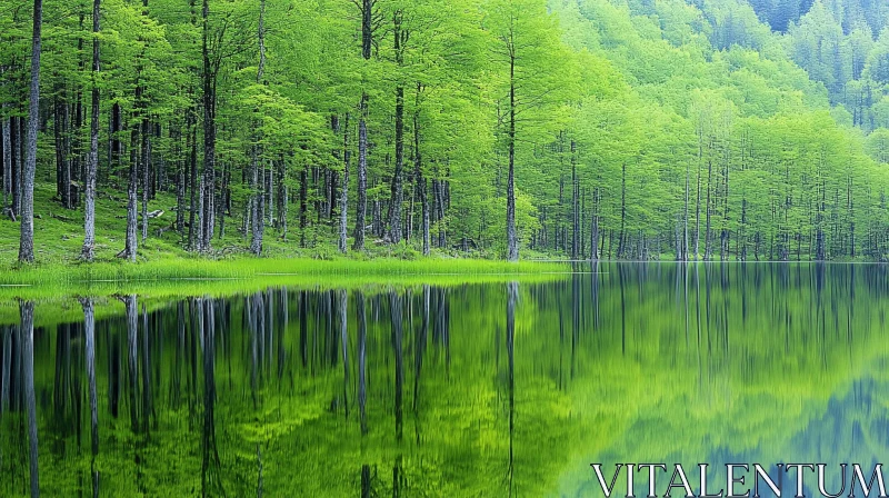 Calm Lake with Symmetrical Forest Reflection AI Image