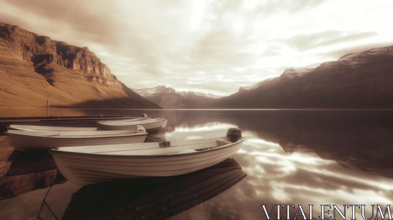 Tranquil Lake Scene with Boats and Mountains AI Image