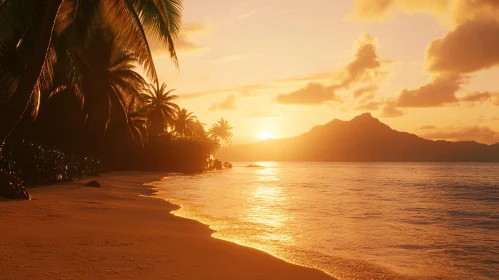 Tropical Beach Sunset with Palm Trees and Mountains