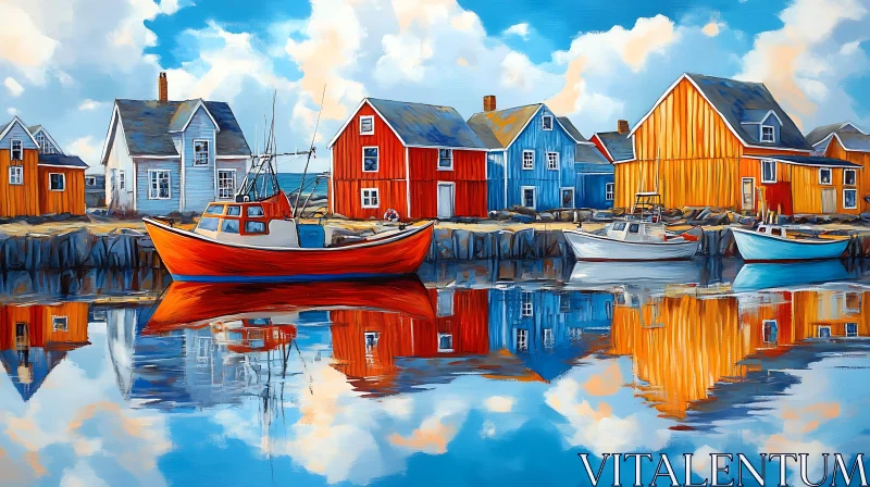 Serene Coastal Scene with Vibrant Houses and Boats AI Image