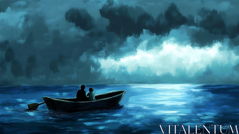 Peaceful Night on a Calm Ocean with Silhouetted Figures AI Image