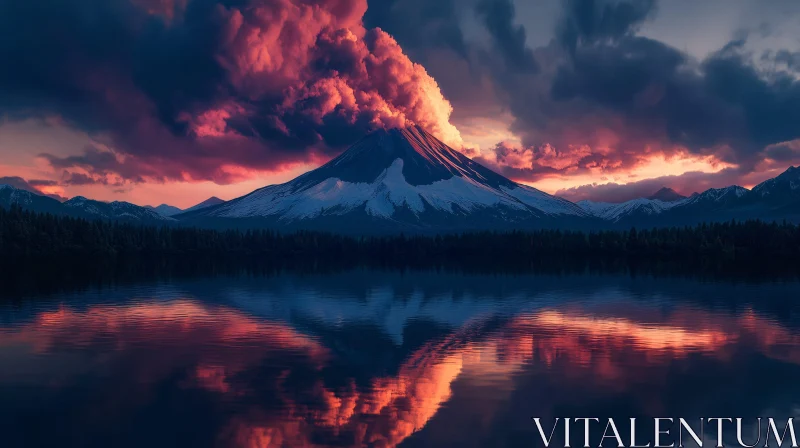 AI ART Erupting Volcano Reflecting in Lake at Sunset