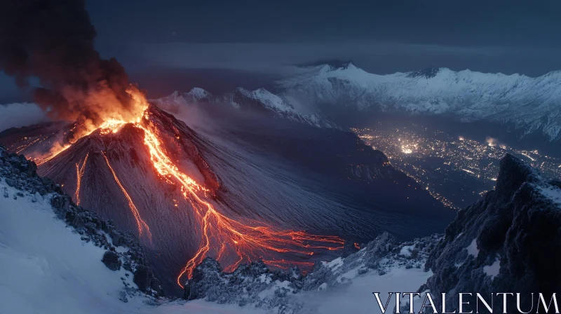 AI ART Night Volcanic Eruption with Lava Flows and Snow