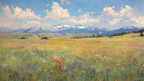 Spring Meadow with Mountains and Wildflowers