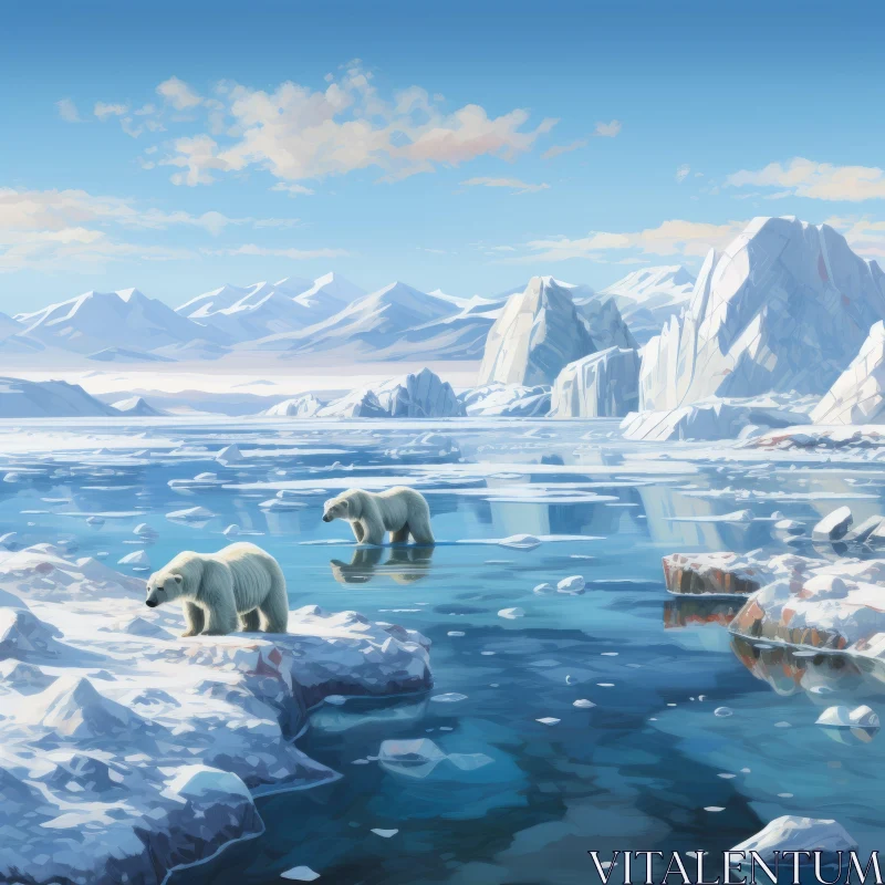 Arctic Landscape with Polar Bears: A Detailed Science Fiction-Inspired Illustration AI Image