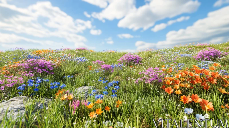 Blooming Flower Field with Blue Sky and Clouds AI Image