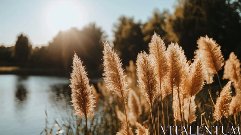 AI ART Golden Sunset with Reeds by Lake