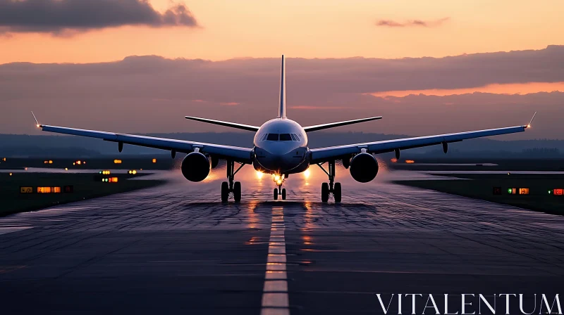 Airplane Ready for Takeoff During Sunset AI Image