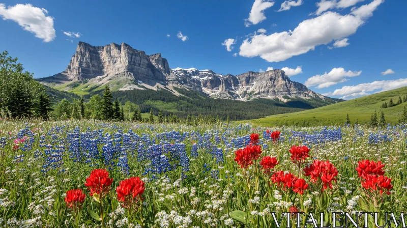 AI ART Colorful Wildflower Meadow with Majestic Mountain