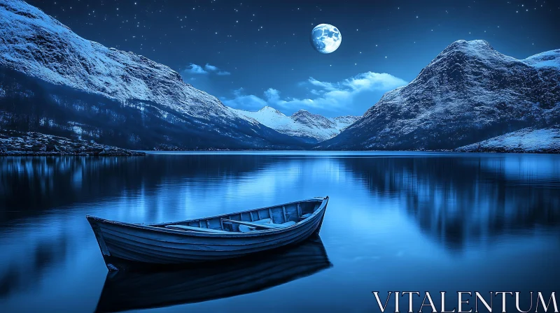 Tranquil Moonlit Lake with a Wooden Boat AI Image