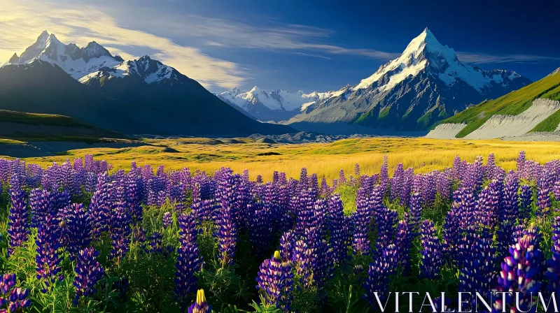 AI ART Majestic Mountains and Purple Flower Field