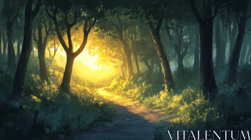 Golden Sunlight Illuminating Forest Path AI Image