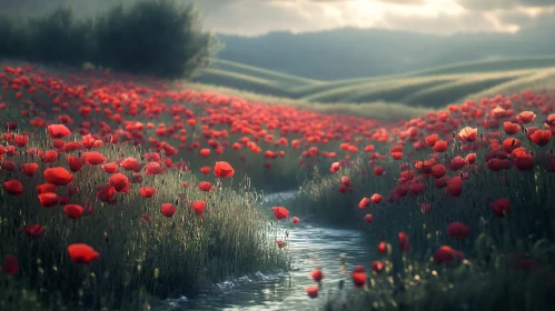 Picturesque Poppy Field by a Gentle Stream